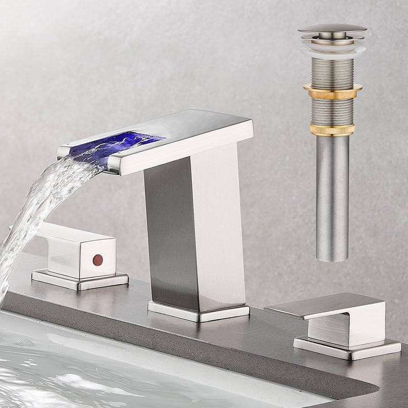 AVSIILE LED Bathroom Faucet 3 Hole, Brushed Nickel Waterfall Bathroom Faucets, 8 Inch Widespread Modern Bathroom Sink Faucet & Parts, Wide Spread Touch On Three Hole 2 Handle Bathroom Vanity Faucet - Image 1